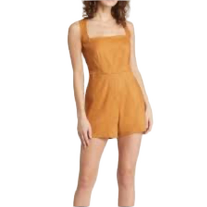 Chelsea28 Womens Linen Blend Tan Short Romper Medium Square Neckline M-L Overall